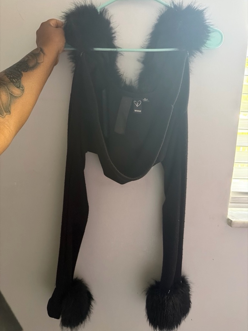 Windsor Black Faux Fur Trim Hooded Scarf